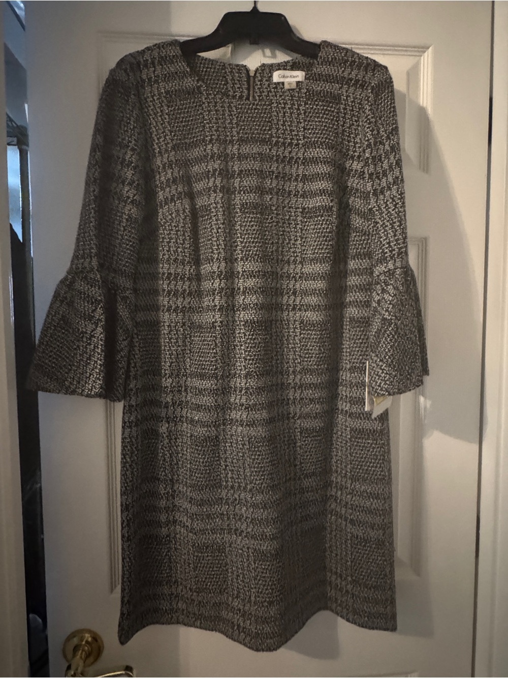 Calvin Klein Black and White Plaid Bell-Sleeve Shift Dress